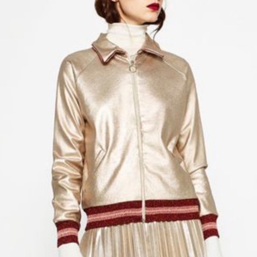 Zara Metallic Gold Jacket with Burgundy Trim